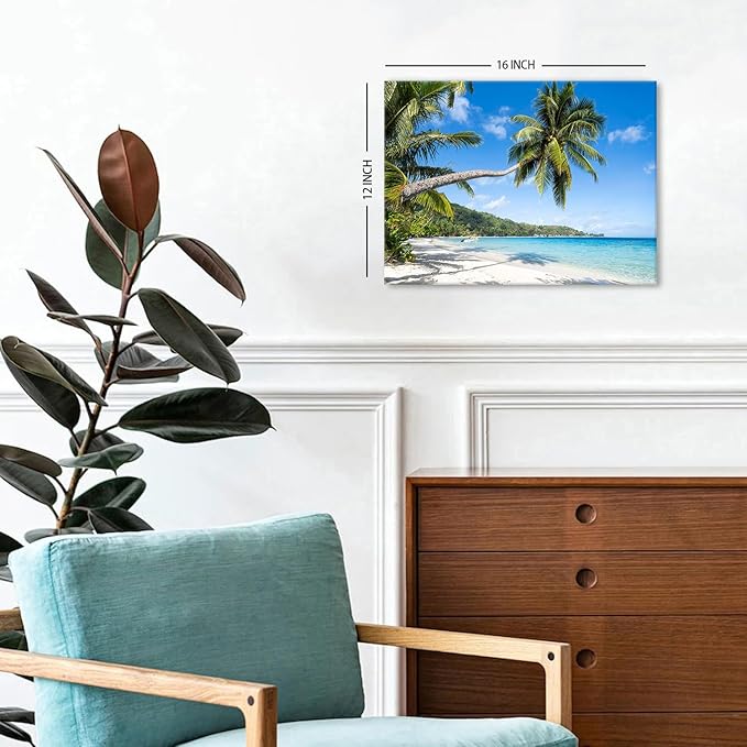Beach Wall Art Palm Tree Ocean Bathroom Wall Decor Tropical Coconut Palms Natural Landscape Photography Picture Coastal Seascape Canvas Poster Photo Artwork Living Room Bedroom Wall Decoration 12x16in