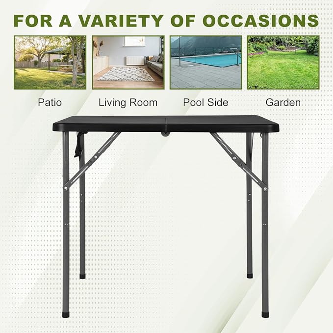 FDW 34" Square Plastic Folding Card Table, Portable Fold-in-Half Plastic Picnic Party Table with Carrying Handle, Black