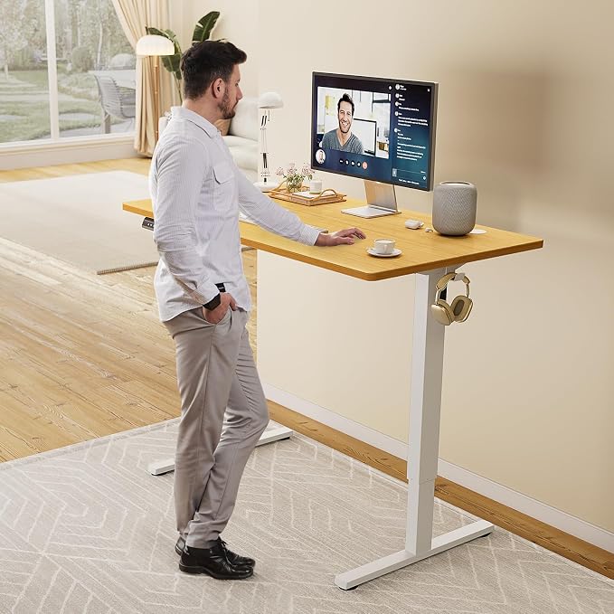 Sweetcrispy Electric Standing Desk Adjustable Height, 63x24 Inch Sit Stand Up Home Office Desks Memory Computer Workstation PC Work Table with Preset Splice Wood Board Metal Frame, Oak