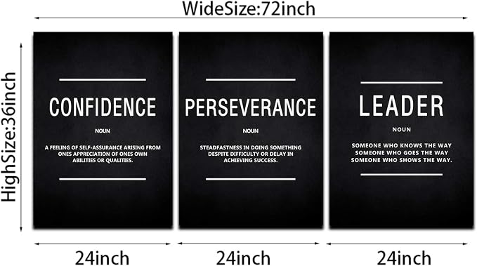 KAWAHONE Canvas Painting Wall Art Large, Motivational Leader Confidence Perseverance Success Quotes Wall Decor Inspirational Posters Prints Framed for Office Easy Hang 24''x36''x 3PCS