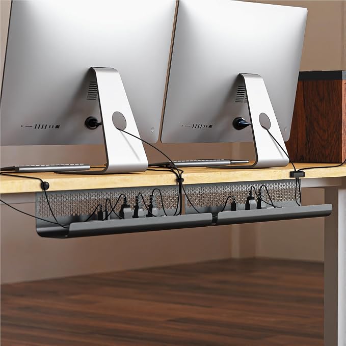 KHAMAL Cable Management Under Desk 26PCS - Cable Management Tray Kit Ventilated Hexagonal Design with Cable Clips, Wire Ties, Cord Holder & Screws for Office, Home (Black)