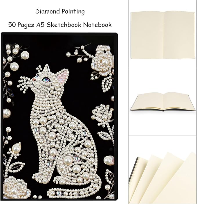 FRANDEK Pearl Painting Notebook Kit, Black and White Cat A5 DIY Journal with 50 Blank Pages, Diamond Gem Art Cover with Waterproof Canvas, Beginner Craft Set with Full Tools for Adults