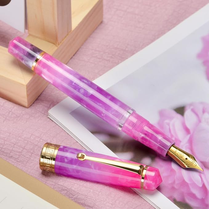 Asvine P20 Piston Fountain Pen Gradual Purple Resin, Iridium Medium Nib Gold Trim Smooth Writer Collection with Case Set