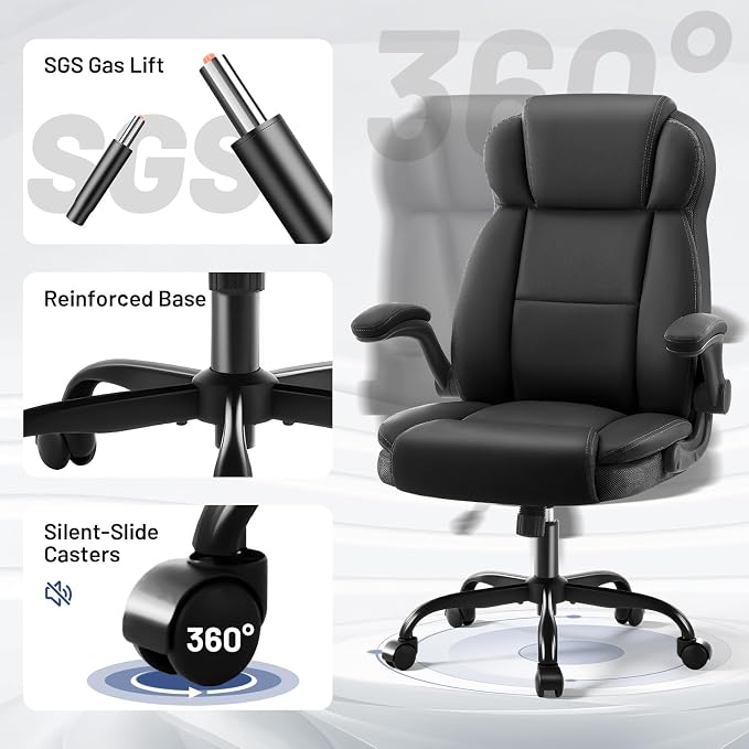 AreShark Ergonomic Office Chair with High Back Headrest,PU Leather Executive Desk Chair Padded Flip-Up Armrests,Lumbar Support,Swivel Computer Chair for Home Office & Gaming,Black
