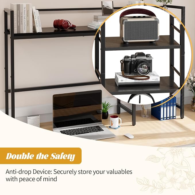 HavenlyYouth Desk Shelf, 45.4 Inch Wood Desk Organizer Shelf for Computer Monitor, Desk Hutch Storage, Desktop Shelf for Top of Desk, 3 Tier Desktop Bookshelf for Home Office Dorm, Black