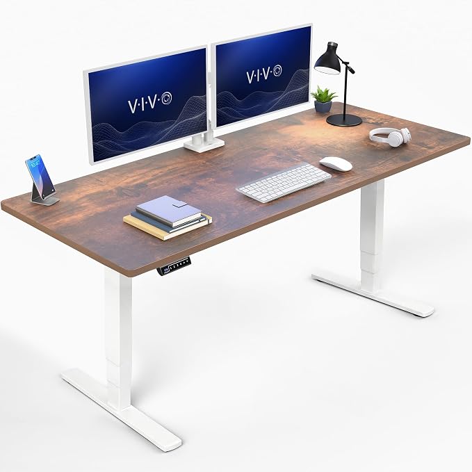 VIVO Electric 71 x 30 in Standing Desk, Touch Screen Adjustment, 220 lb Frame Support, 2E Series, Vintage Brown Top, White Frame, DESK-KIT-2EW71N