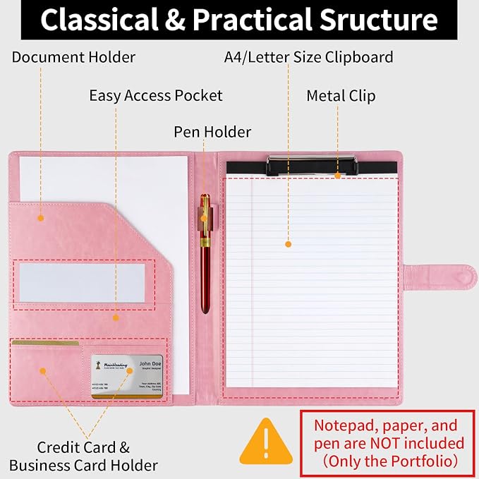 Professional Padfolio with Clipboard, Faux Leather Portfolio Folder Binder, Legal Pad Holder for A4 Letter Size Notepad, Resume, Writing, Ideal Organizer for Business Office Conference (Pink)