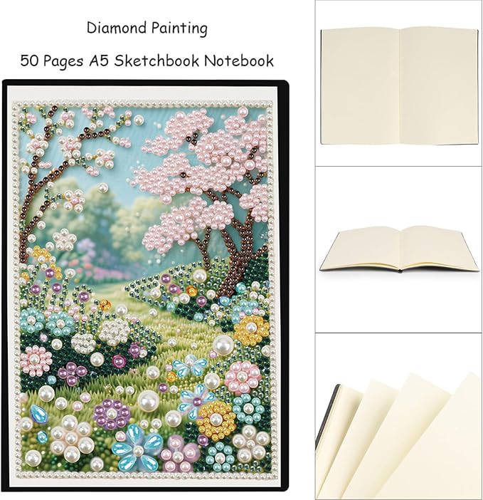 FRANDEK Pearl Painting Notebook Kit, Spring Forest A5 DIY Journal with 50 Blank Pages, Diamond Gem Art Cover with Waterproof Canvas, Beginner Craft Set with Full Tools for Adults