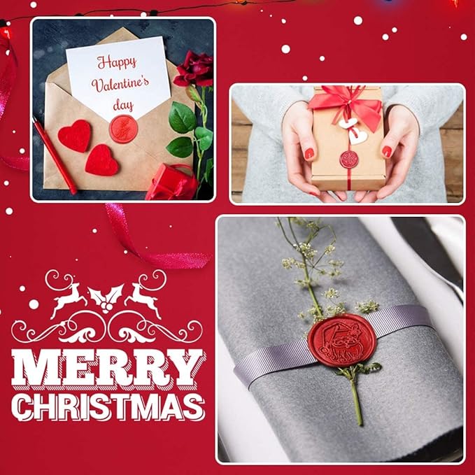 Xmas Wax Seal Stamp Kit, Set of 6 Christmas Design Sealing Wax Stamp Gift Kit with Brass Head Wooden Handle (Merry Christmas Tree + Deer)