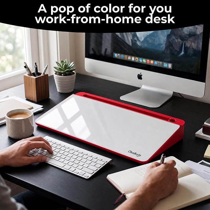 Chalkola Red/White Glass Desktop Whiteboard with Storage - Dry Erase Board, Work Desk Organizers, Computer Keyboard Stand, Home Office Desk Accessories, Workspace Desktop Buddy