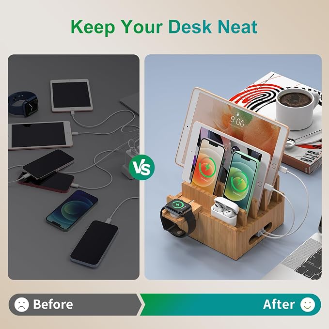 Pezin & Hulin Bamboo Charging Station with USB Charger,5Cables-Natural | Desk Docking Station Smart Watch&Earbuds Stand for Multiple Devices Electronic Organizer for Cell Phone, Tablet