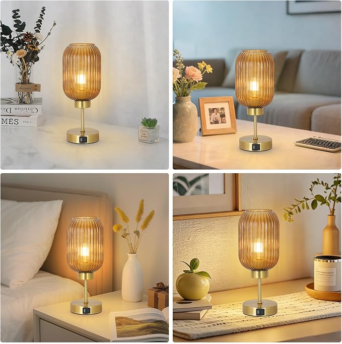 LAMSU Vintage Gold Touch Table Lamp, Small Desk Lamp with Amber Glass Shade, Bulb, Charging Port, Mid Century Modern Bedside Lamp, 3 Way Dimmable Nightstand Lamp for Bedroom Living Room Home Office