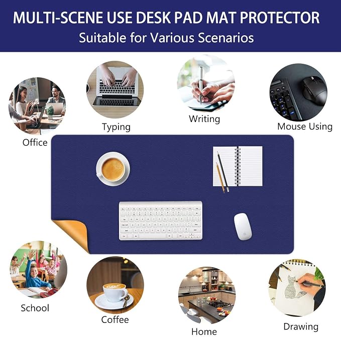 Writing Desk Mat Pad Waterproof Desk Blotter Protector 16 X 24 Inch Mouse Pad Non Slip Desktop Protector Easy Clean Table Cover Dual-Sided Mat for Work & Gaming, Office & Home (Cobalt Blue/Yellow)