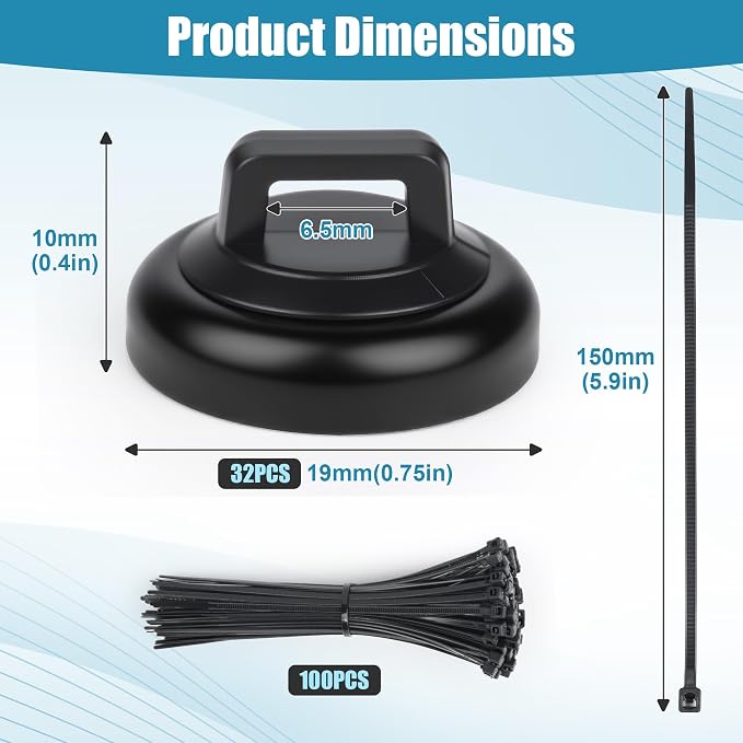 HOMAR magnetic zip tie mount Magnetic Zip Ties Mount Base Holder with 100 Pcs Cable Zip Ties, Strong Magnet Wire Holder, Cable Management Clips for Electrical Wiring Home Office Outdoors Organization