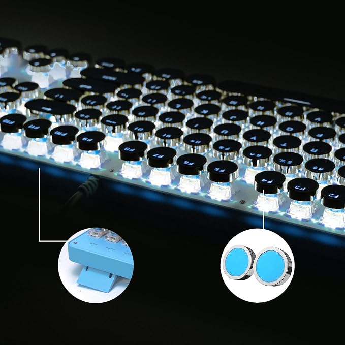 YSCP Typewriter Style Mechanical Gaming Keyboard White Backlit Wired with Blue Switch Retro Round Keycap 104 Keys Keyboard (Blue)