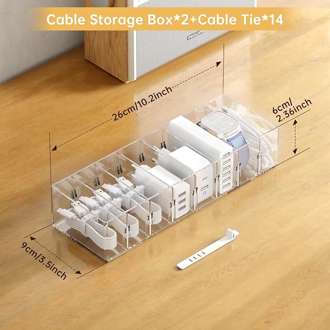 FRETONBA 2 Pack Cable Storage Organizer Box with 8 Compartments, Small | Stackable Design, Adjustable Divider, Clear for Quick Access, 14 Reusable Wire Ties, Fits Drawer & Desk