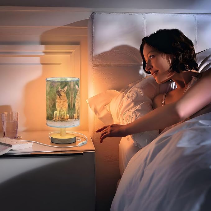 Table Lamp German Shepherd Dog Snowflake Nightstand Lamp with Wood Base Fabric Lamp Shade Bedside Desk Lamp for Living Room Bedroom Kids Room Office