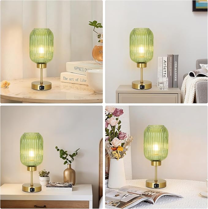LAMSU Vintage Table Lamp for Bedroom with Bulb, Small Green Glass Beside Lamp with USB Ports, 3 Way Dimmable Gold Desk Lamp, Mid Century Modern Nightstand Lamp for Living Room, Office, Home Decor