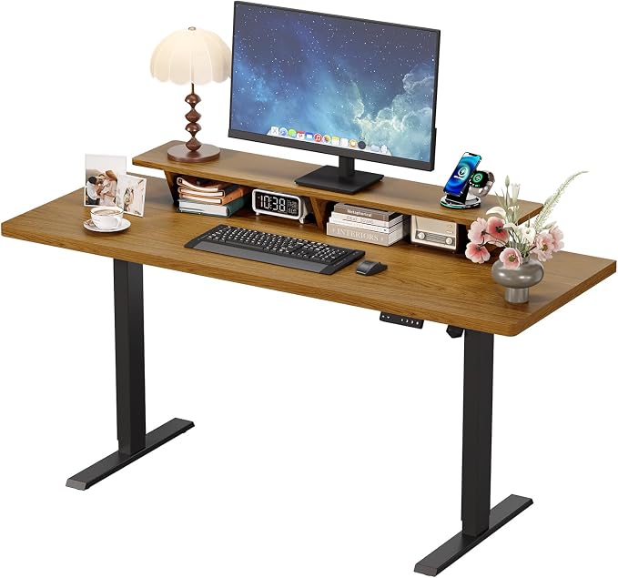 63 x 24 Inches Electric Standing Up Desk with Monitor Shelves,Height Adjustable Computer Desk from 28-46''with Memory Controller,Modern Home Office Desk for Work,Study,Oak Brown