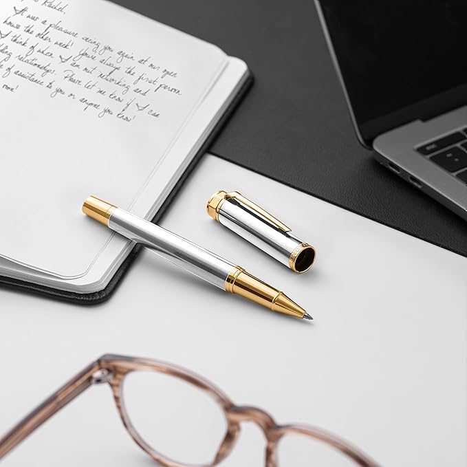 Ellington Pens Luxury Rollerball Pen Set - Smooth Writing, Elegant Design, Quick-Drying, Refillable Liquid Ink, 2 Refills (Black, Blue), Ideal for Professionals, Students
