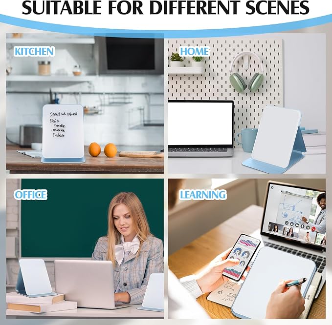 Dunzoom 2 Sets 4 Pcs Small Glass Desktop Whiteboard with Reversable Stand 8x6 Inch Mini Dry Erase White Board Easel with 2 Markers Reusable Desk Notepad for Home Office School Supplies (Blue)