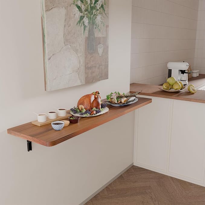 IAE Wall Mounted Folding Table with Pine Wood,55" x 16" Floating Wall Desk,Laundry Folding Table with Shelf Brackets,Fold Down Desk Shelf,Fold Workbench for Apartments,Home,Laundry Room,Kitchen,Teak