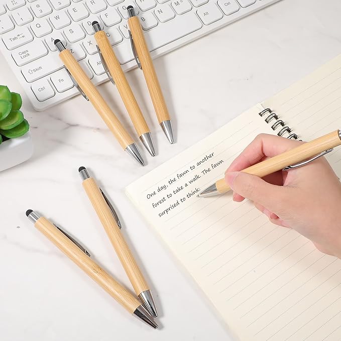 50Pcs Bamboo Pens, Bulk Wooden Pens, Engraving Wooden Ballpoint, Wood Natural Engraving Retractable Pen for Women Men Office Teacher Volunteer (Stylus Cap)
