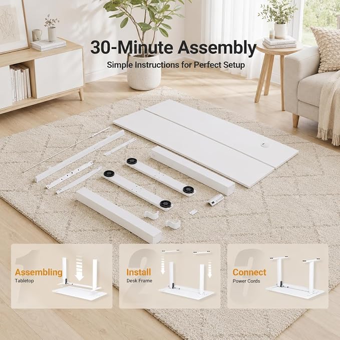 Claiks Electric Standing Desk, 55x24 Inch, White | Adjustable height for sit-stand, 156lbs capacity, scratch-resistant surface, 3 memory presets, cable management & hook.