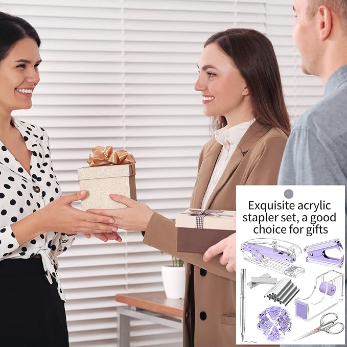 Office Supplies Set Desk Accessory Kit, Acrylic Stapler Set Staple Remover, Tape Dispenser, Binder Clips, Paper Clips, Ballpoint Pen and Scissor with 1000 Pieces 26/6 Staples (Purple)