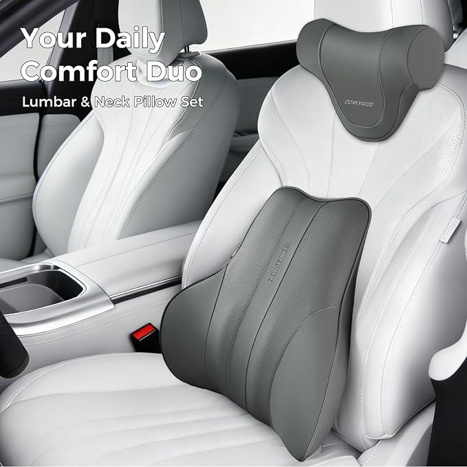 Coverado Lumbar Support Pillow for Car, Ergonomic Memory Foam Back Pillow for Office Chair, Back Cushion for Back Pain Relief, PU Leather Car Lumbar Support for Driving Seat
