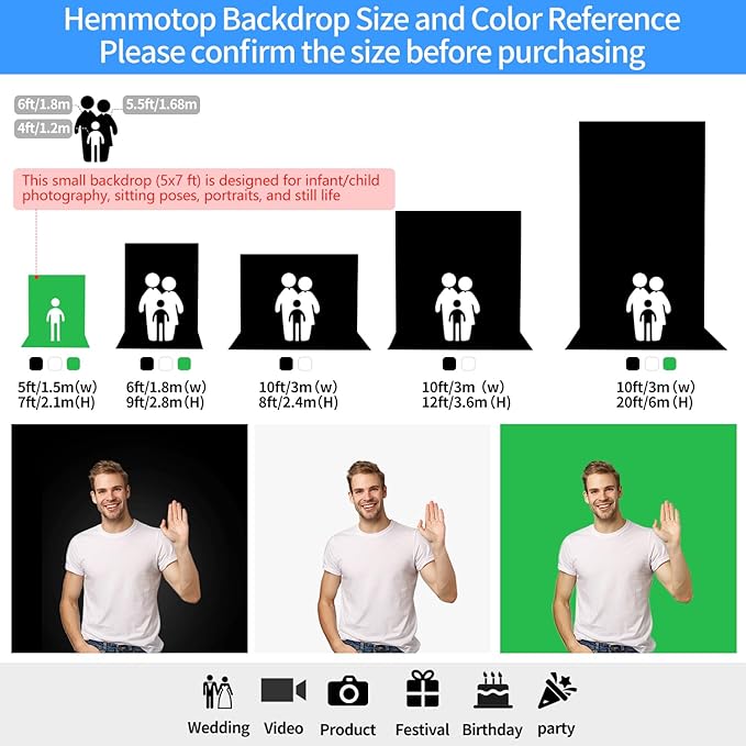 HEMMOTOP Green Screen Backdrop, 5x7 ft Photography Chroma Key Greenscreen Background Sheet for Background Removal, Zoom Meeting, Photo Video Studio, Live Streaming, Video Recording (Backdrop only)