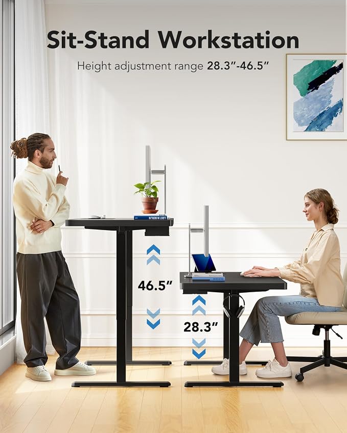 HUANUO 60 x 30 inch Large Standing Desk, Powerful Brushless Motor Large Height Adjustable Table, 4 Memory Preset Stand Up Work Station Sit Stand Desk, Home Office with Thick T-Shaped Frame