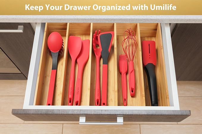 Expandable Kitchen Drawer Organizer, 2.5" High Bamboo Utensils Silverware Tray, Adjustable Large Deep Wood Organization Holder