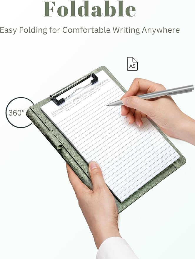 Mymazn Junior Padfolio Portfolio Folder, Small A5 Clipboard with Cover for 5'' x 8'' Writing Pad Notepad Holder for Business Office Men Women (Sage Green)