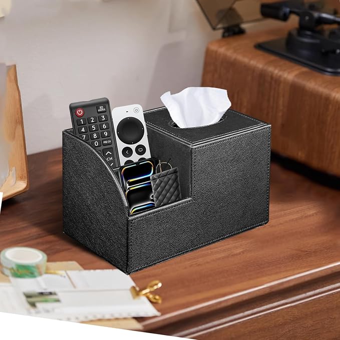 PU Leather Square Tissue Box Cover - Multi-Functional Tissue Box Holder | Tissue Box Cover with Storage,Tissue and Remote Control Holder,Cube Tissue Box Organizer Bedroom Nightstand End Table