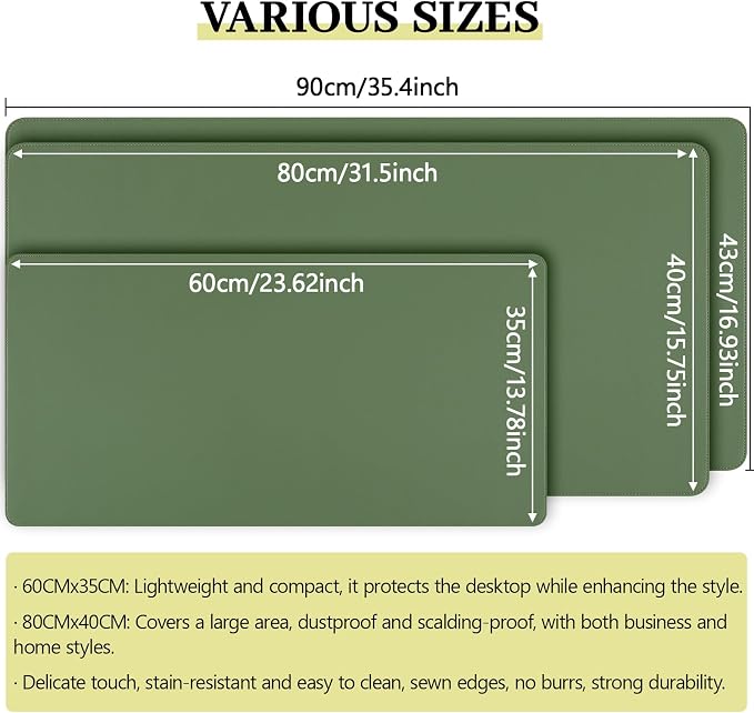 Green Leather Desk Pad Large Mouse Pad, 35.4"x17" | Waterproof Desk Mat for Keyboard and Mouse, Non-Slip Computer Desk Protector, Smooth Mouse Control for Home Office