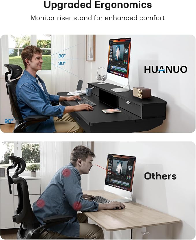 HUANUO 48 x 30 inch Electric Standing Desk with 2 Wood Drawers, Adjustable Height Sit Stand Desk for Home Office, Ergonomic Stand up Desk with 4 Memory Presets, 176 lbs Capacity, Black Top