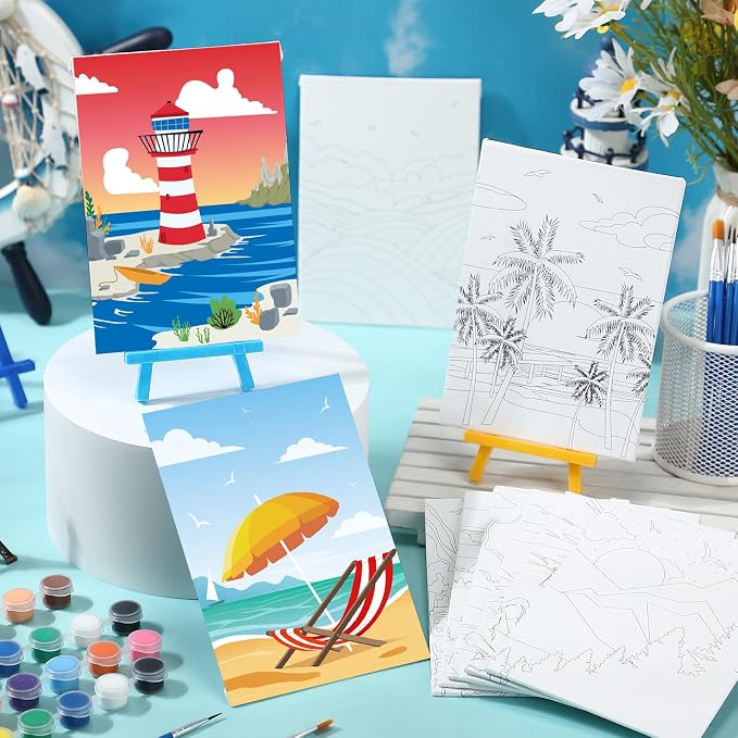 Blosssound 10 Set Pre Printed Canvas Pre Drawn Canvas Painting with Easel Kits 5" x 7" Outline Painting Panels for Beginners, DIY Craft Project, Home Decors(Summer)