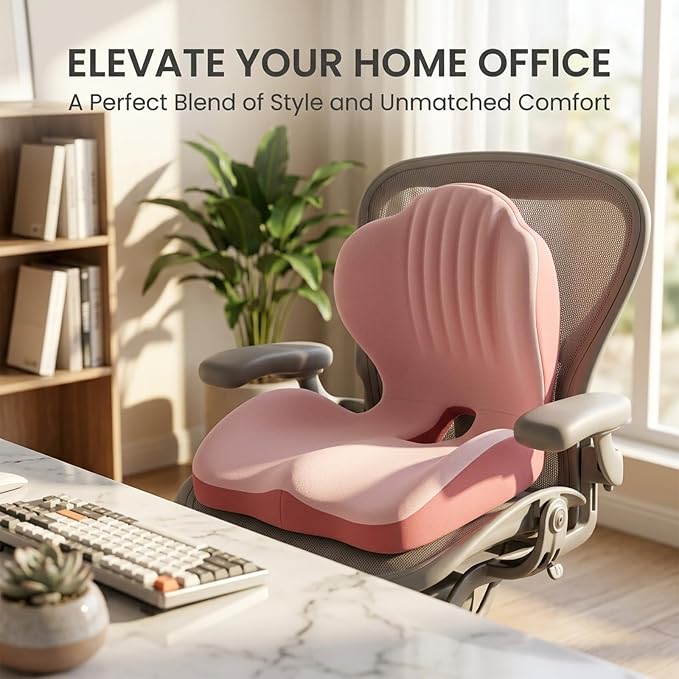 SakerPlus Ergonomic Memory Foam Seat Cushion and Back Support Pillow, One Piece Chair Cushion with Lumbar Support, L Shaped Office Chair Cushion for Desk Chair, Car Seat, Computer Wheelchair (Black)