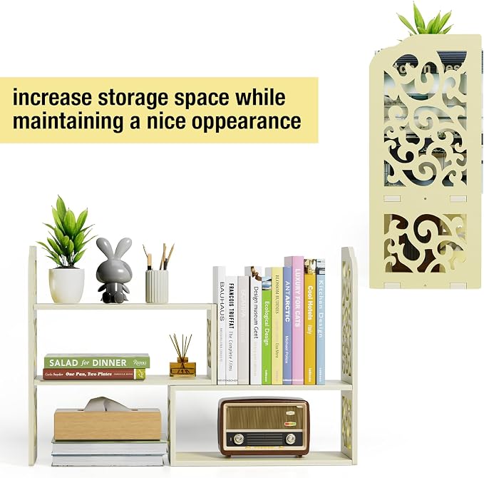 YGYQZ Adjustable Desktop Shelf Organizer, 3-Tier Expandable Desk Shelf, Beige Pattern