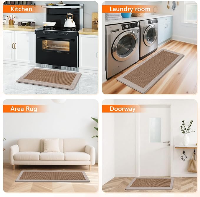 Kitchen Mats, 2PCS Kitchen Rugs for Floor, Cushioned Anti-Fatigue Mats for Kitchen Floor, Non-Slip Standing Desk Mat for Sink, Home, Laundry & Office, 17.3"x30"+17.3"x47" (Khaki)