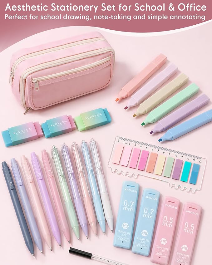 XKDOUS Preppy School Supplies Kit with Large Capacity Pen Case, 6 Mechanical Pencils 0.5mm & 0.7mm with 240 Lead Refills, 6 Pastel Highlighters, 5 Gel Pens for Stationary College Essentials Gifts