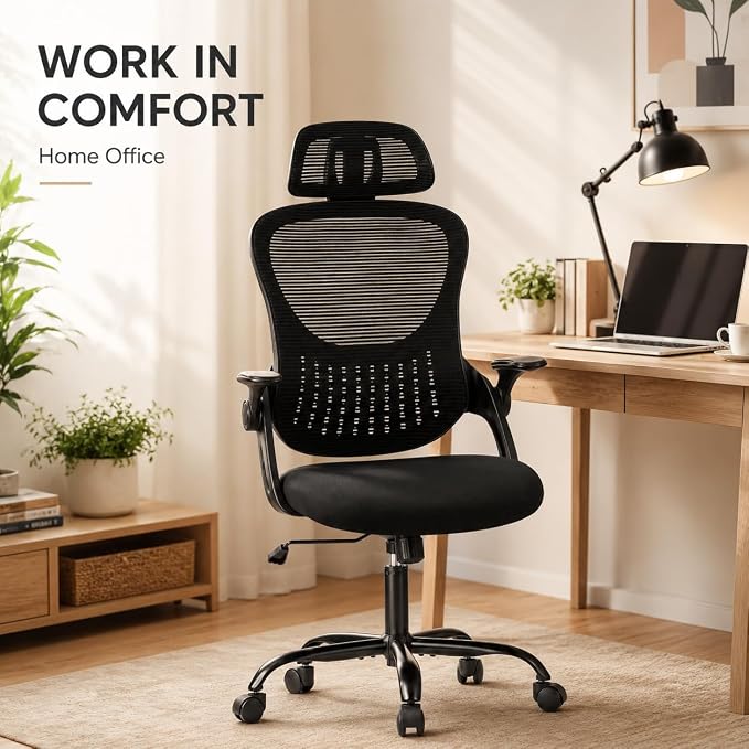 Black Ergonomic Office Chair, High Back Mesh Desk Chair with Adjustable Headrest Lumbar Support, Computer Chairs with Flip-up Armrests and Thickened Cushion for Adults Home Office, 360° Swivel
