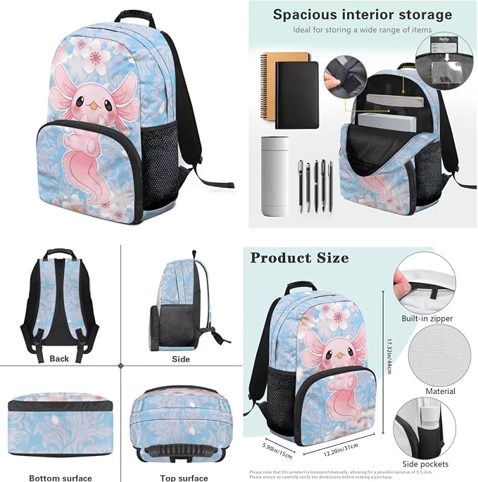 Ystardream Baby Axolot Elementary Backpacks for Girls with Lunch Box Cherry Blossom Kids School Bookbag with Pencil Case&Water Bottle Sleeve 4 in 1 Set for Student Back to School Gift
