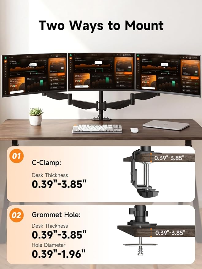 Bracwiser Triple Monitor Mount for 17 to 34 inch Screens, Holds up to 26.45lb, Adjustable Triple Monitors Stand for Desk with Tilt, Swivel, Rotation, Clamp & Grommet Kit, VESA 75/100mm, Black, MDX003P