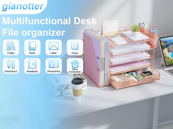gianotter 5-Tier Desk Organizer with Drawers and File Holders | Letter Trays and Pen Holders - Workspace Accessories for Office Supplies (Rose Gold)