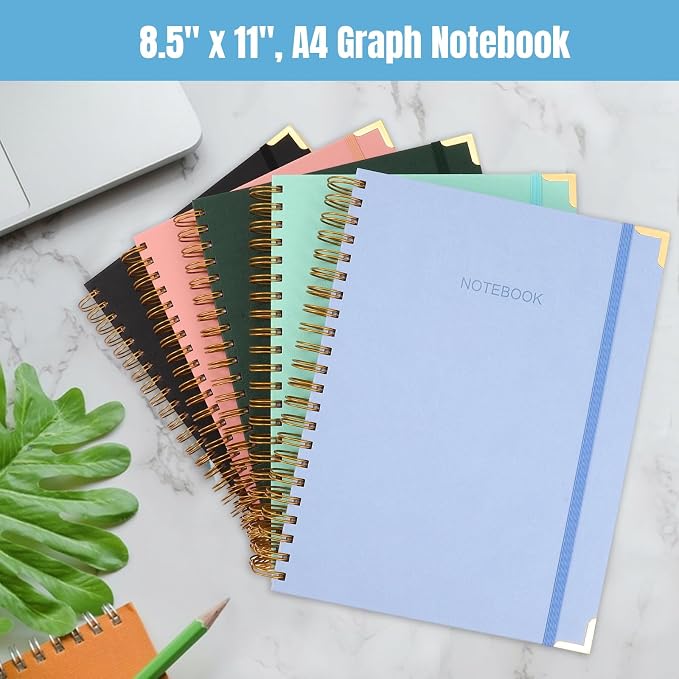 Graph Paper Notebook, 8.5" x 11" Spiral Notebook, 300 Page Hardcover Graphing Notebook for School, Leather Notebooks for Work, Engineering, Thick Large A4 Grid Notebook, 5 Squares, 24Pcs Tabs, Green