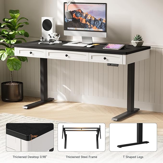 ONBRILL Standing Desk with 3 Drawers, 55 x 24 Inch Electric Height Adjustable Desk with Storage & Outlets, for Computer Workstation, Home Office, Retro Curved Table Corner & Drawers, Black