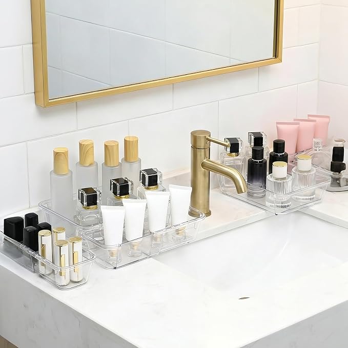 16 PCS Extendable Drawer Organizer Set Clear Stackable Vanity Storage Bins | 2-Size BPA-Free Acrylic Trays, Non-Slip Stackable Boxes for Makeup Cosmetics Office Desk Utensils Bathroom Dresser Countertop