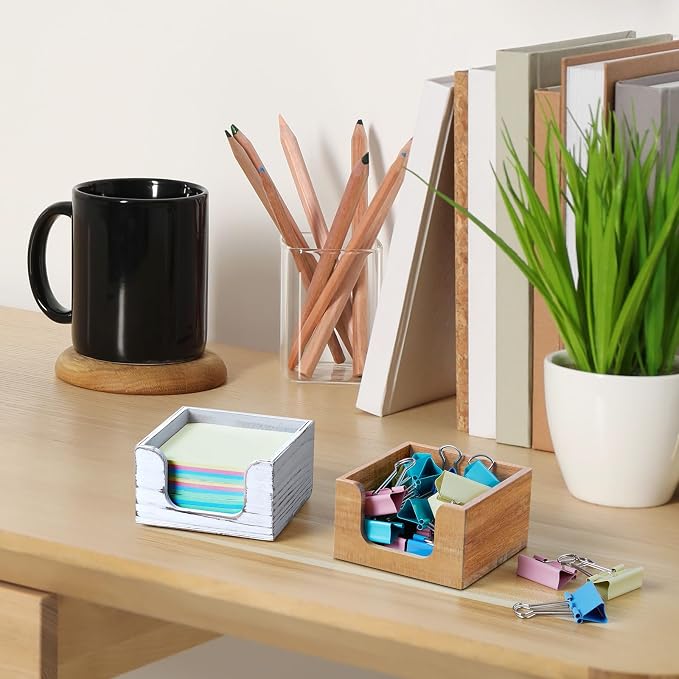 Wood Sticky Note Holder, White Washed 3 x 3 Inch Post It Note Dispenser for Office Desk Accessories, Self Stick Note Pad Holder, Memo Pad Holder Dispenser Organizer for School Office Desk Supplies
